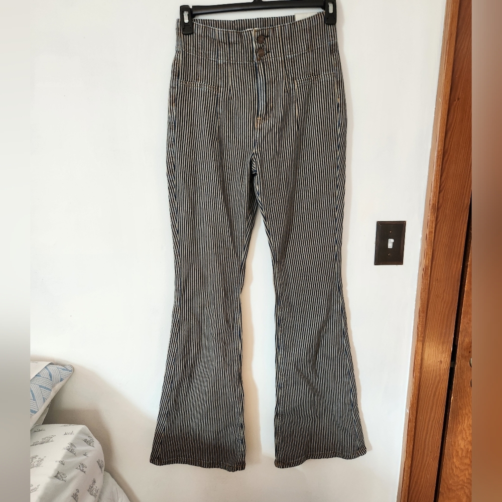 Free People Denim and Cream Striped Flare Jeans